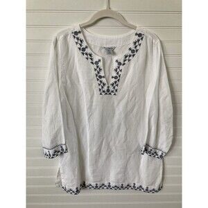 Tommy Bahama Prim Pina Linen Top Blouse MEDIUM White Embroidered Lyocell